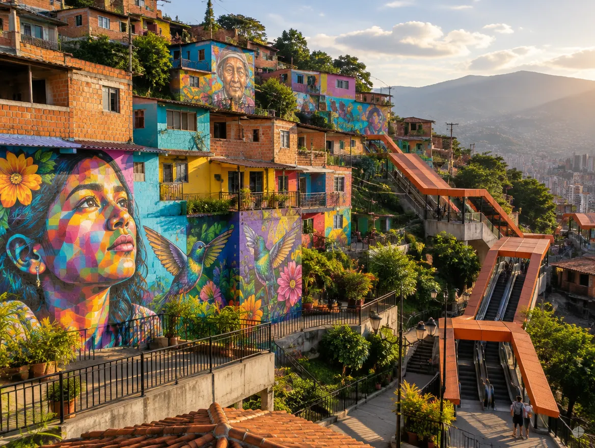 Murales de colores y escaleras eléctricas en la Comuna 13 de Medellín