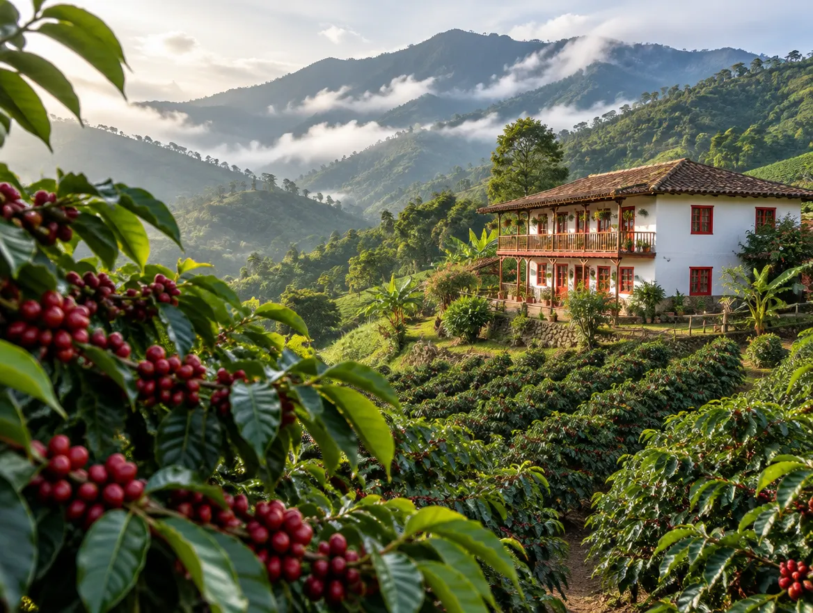 Cafetales con granos rojos y una casa de finca en las montañas de Antioquia