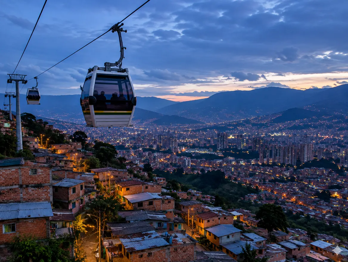 Cabina del Metrocable sobre los barrios de ladera de Medellín al anochecer