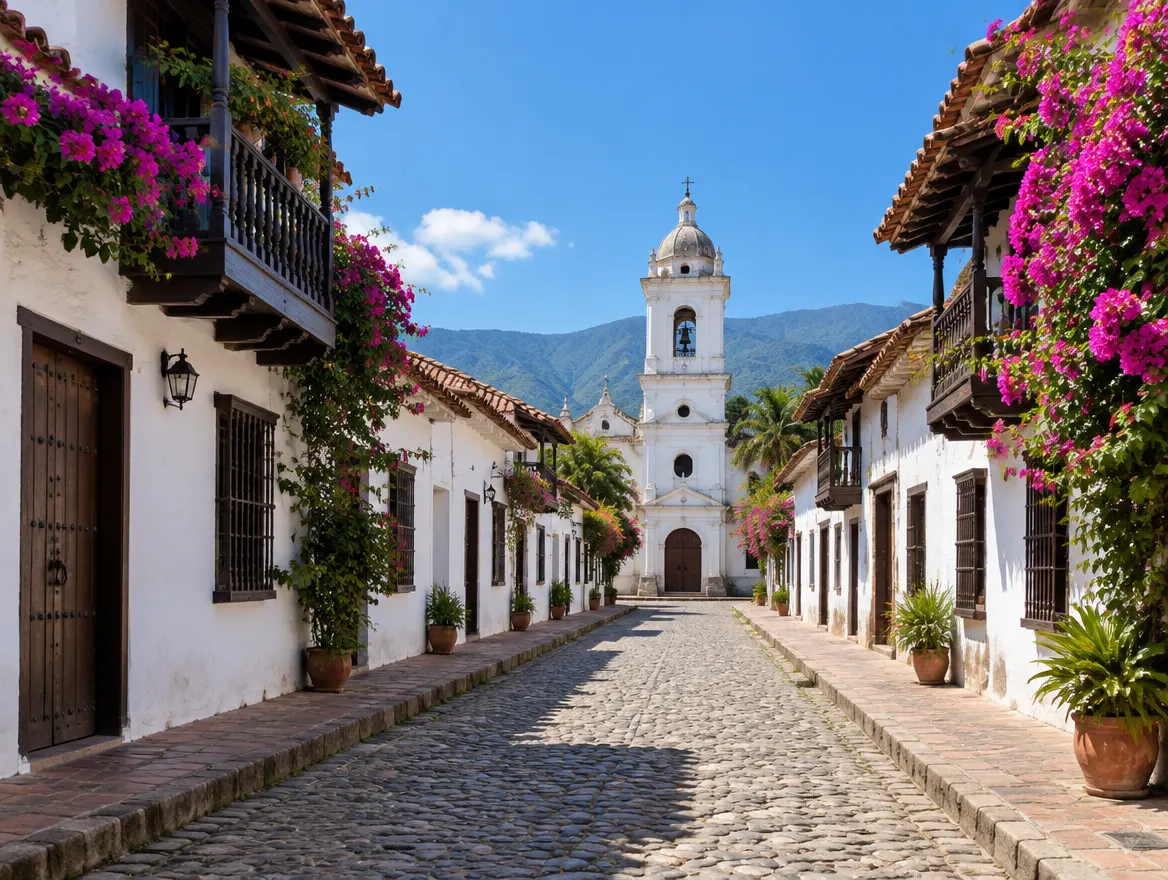 Calle empedrada con casas coloniales blancas en Santa Fe de Antioquia